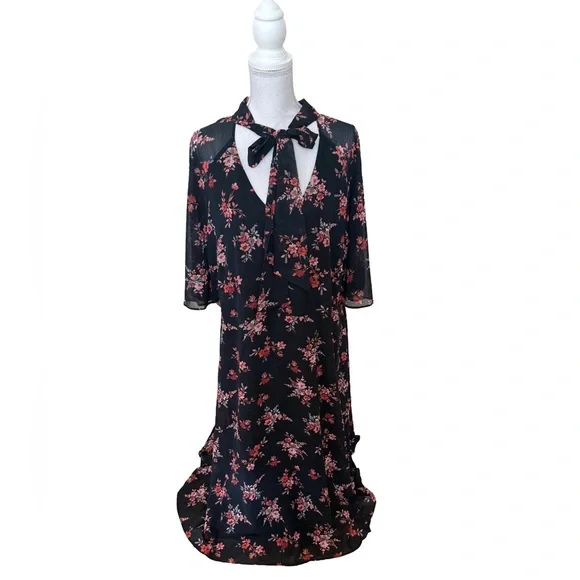 CITY CHIC Floral Chiffon Midi Dress Tie Neck Ruffle Hem Plus Size 22 🌸🖤 - Picture 2 of 9